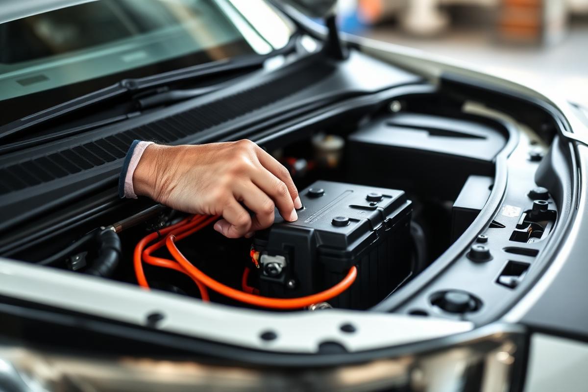 Técnico verificando a bateria auxiliar de 12V no compartimento de um carro elétrico