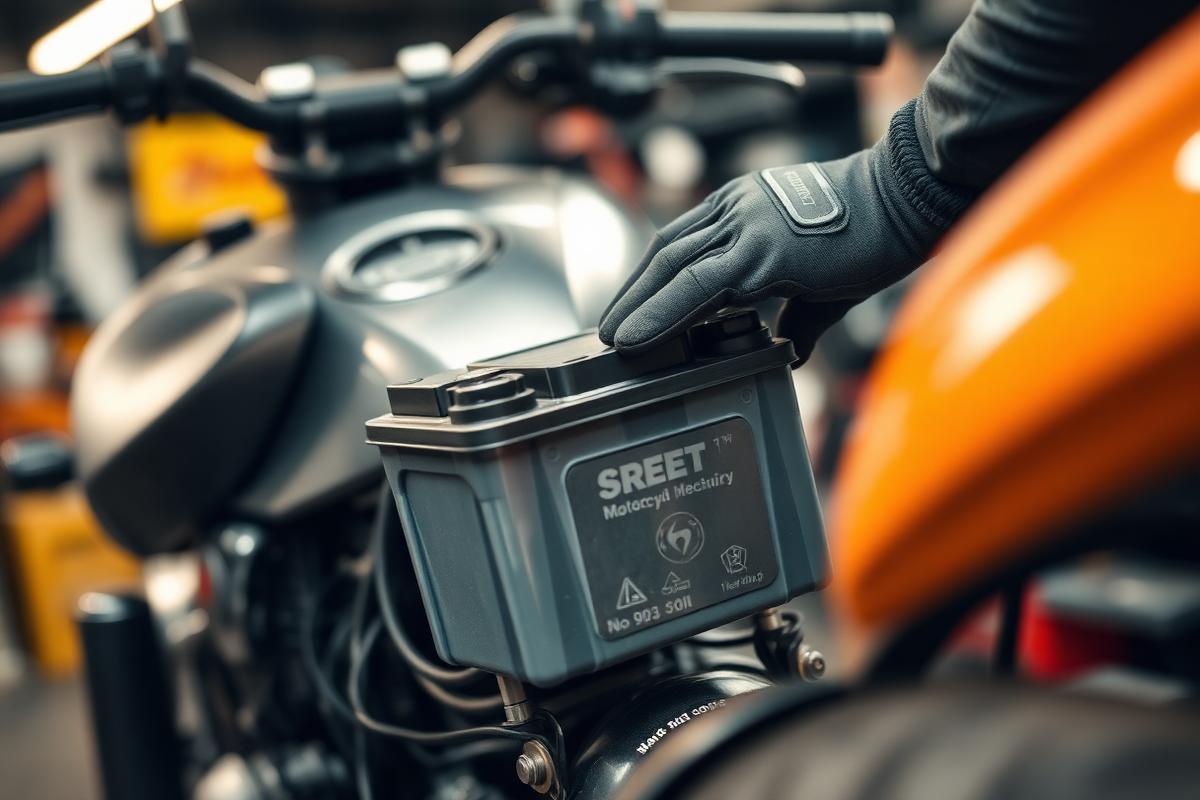 Mecânico substituindo a bateria selada de uma motocicleta em oficina