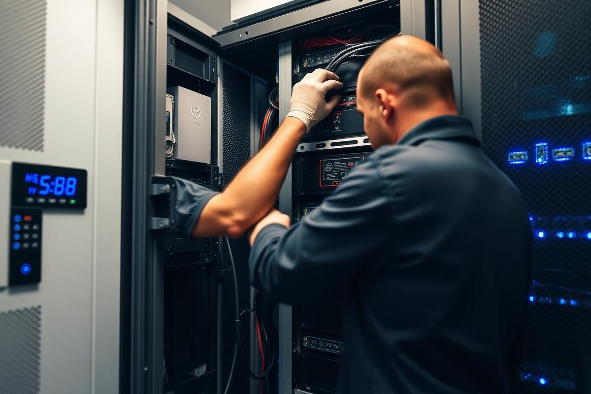 Técnico substituindo baterias seladas dentro de um nobreak em sala técnica