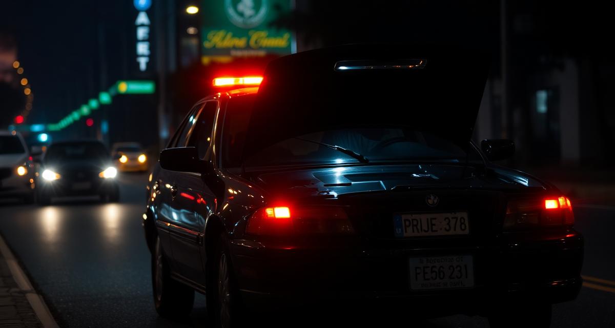Carro parado na rua à noite com pisca-alerta ligado