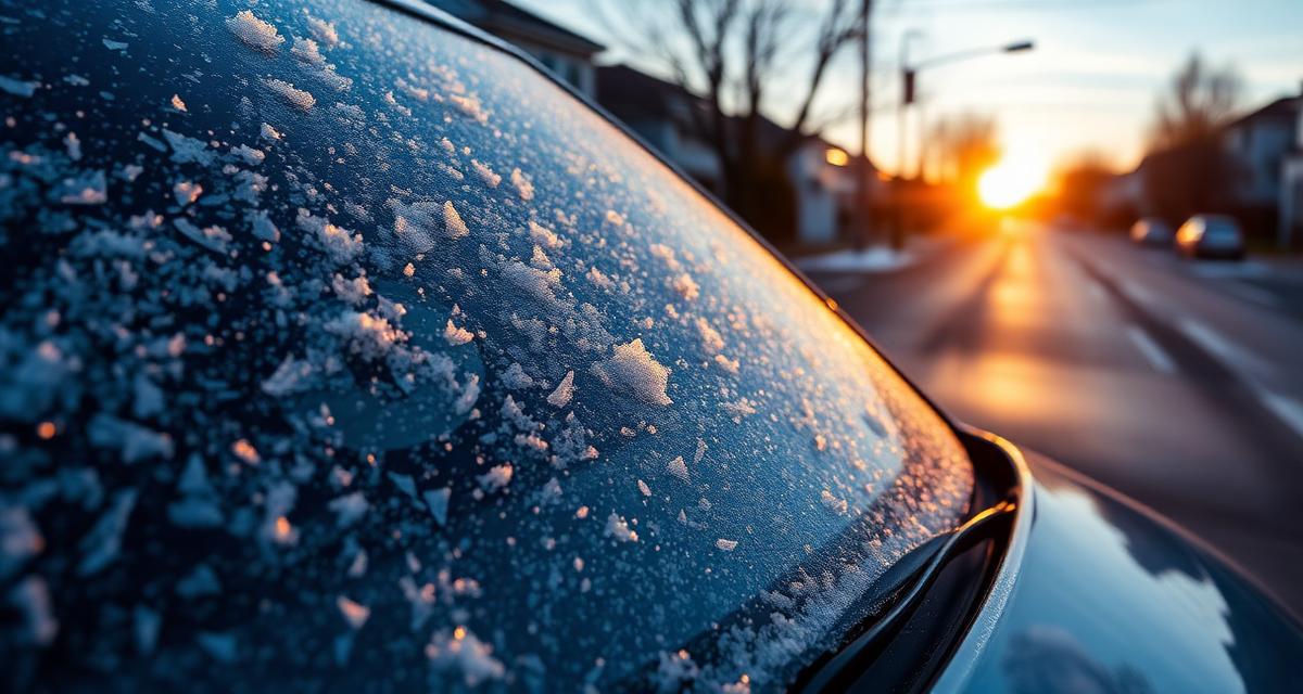 Para-brisa de carro coberto de geada numa manhã de inverno no Rio Grande do Sul