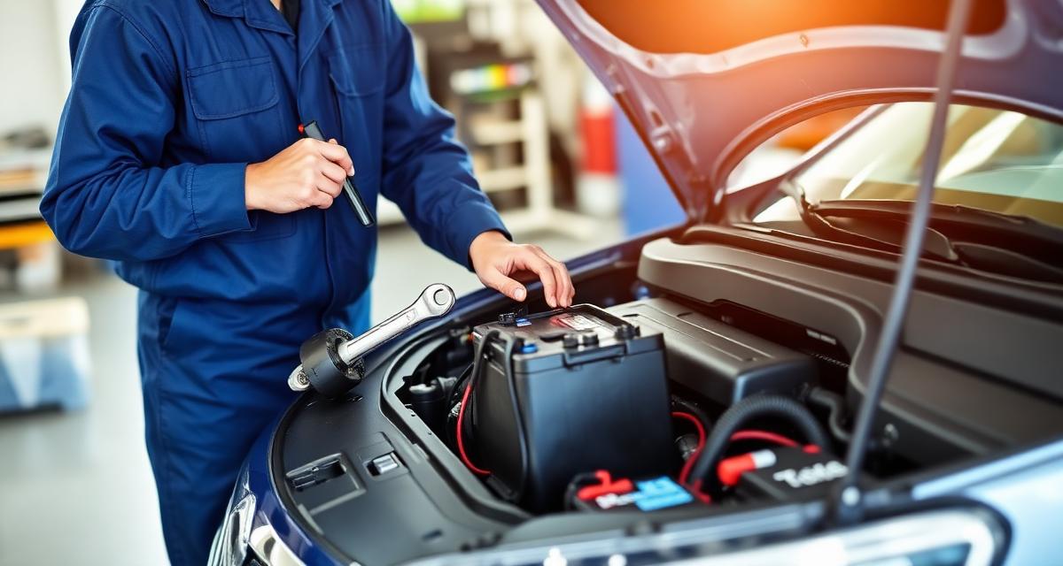Mecânico de uniforme azul instalando bateria nova no motor do carro